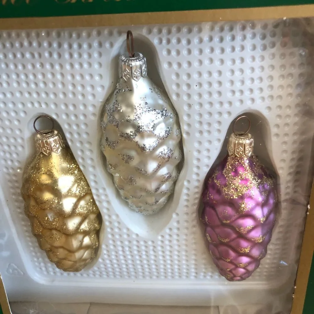 Christmas Glass Glitter Pinecone Ornaments Set of 7 Sears Roebuck Co. 1980